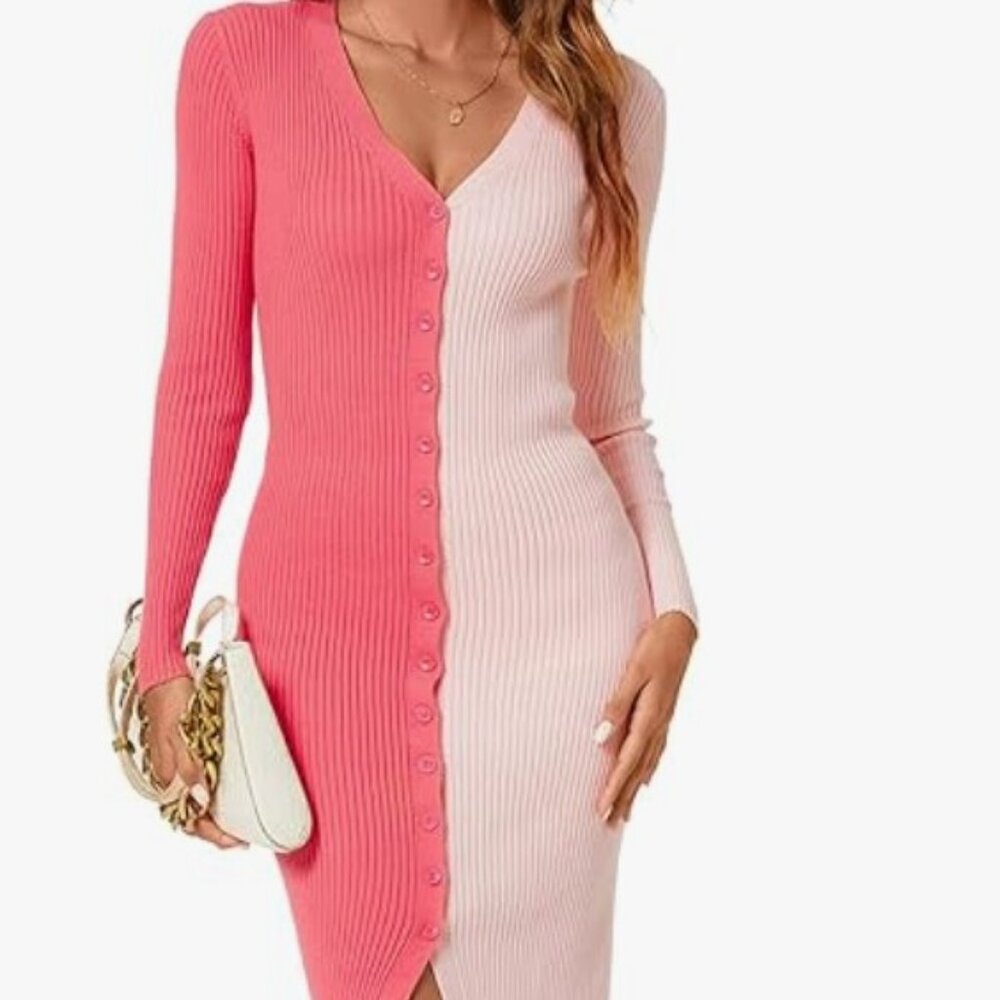 Long Sleeve Button Down Knit Bodycon Sweater Midi Dress, Peach/Pink, Size XS